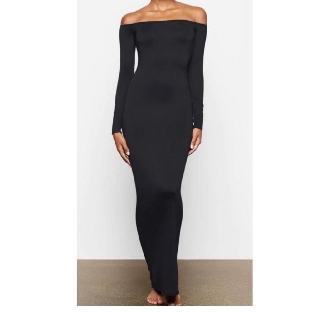 SOLD-Skims Smooth Soft Lounge Off The Shoulder Maxi Dress in Black XSmall